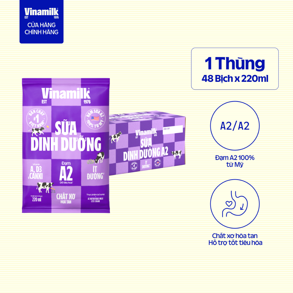 Sữa dinh dưỡng Vinamilk A2 ít đường 220ml Bịch